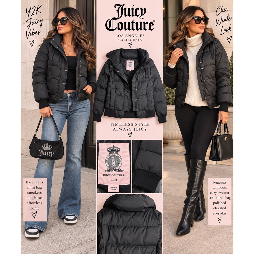 Juicy Couture vintage style Black Down Puffer Jacket Hooded Quilted Y2K coat S